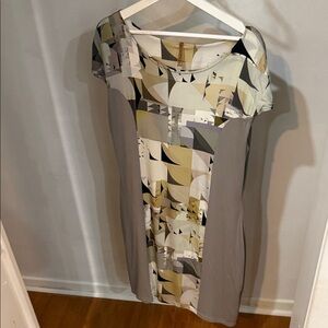 Abstract Patterned Midi Dress in Gray and Cream